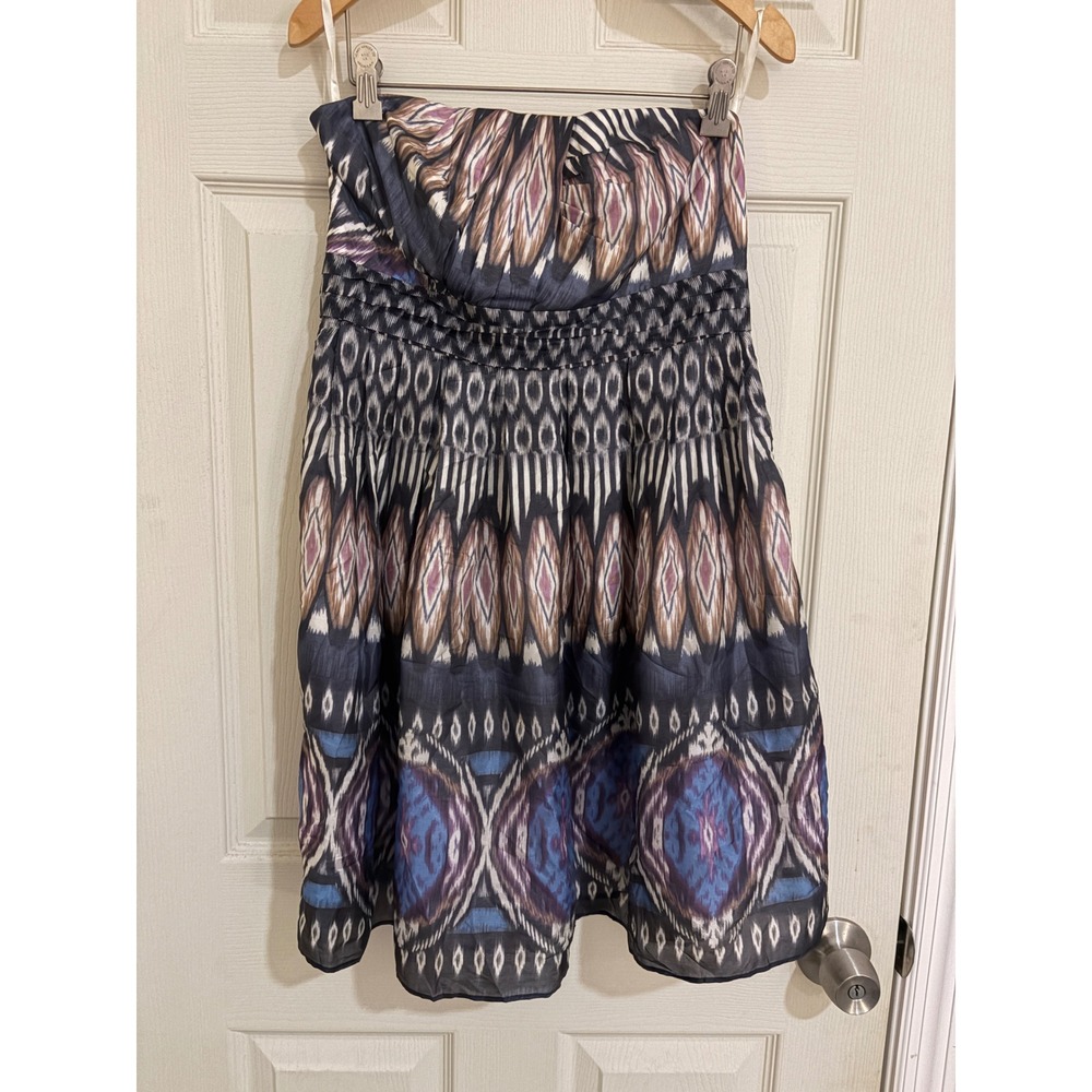 Sine 100% Silk Strapless Ikat Tribal Print Mini Dress Boho Size 6 Y2K